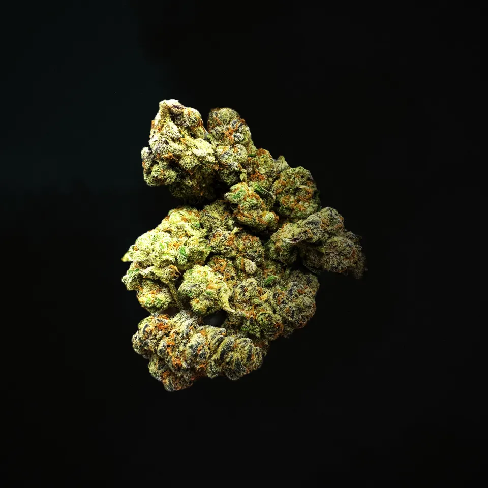 Cherry Cream Float THCA flower, macro on black